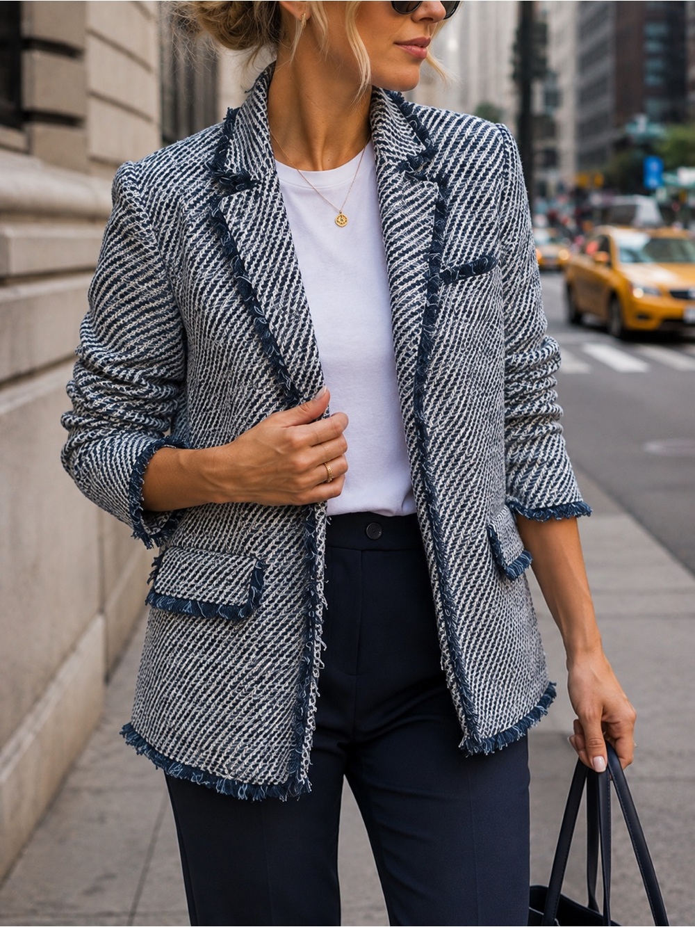 cinq a sept navy and white fringe tweed blazer